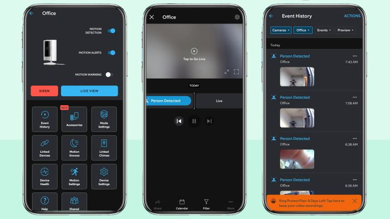 Three screenshots of the Ring app inside of three smartphone that display video footage and setting for a home office.