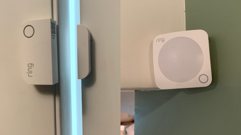 Ring sensors and motion detectors hang on a door and wall.