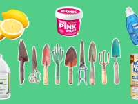 Nine rusty tools appear on a green background along with cleaning agents such as vinegar, lemons, and dish soap.