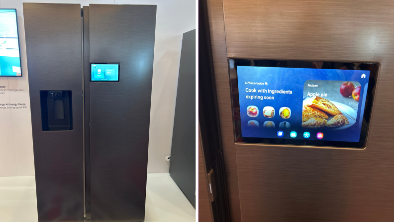 Samsung refrigerator with small screen on door, and closeup of screen.