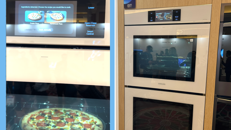 Left: closeup of Samsung oven detecting pizza in oven. Right: Samsung double wall oven.