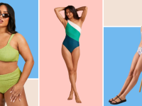 Models wearing bathing suit: A green bikini, a one-shoulder one-piece colorblocked option, and a blue printed bikini.