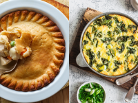 On left, a turkey pot pie in a white dish . On right, a veggie frittata on a wooden surface.