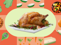 Several Thanksgiving kitchen tools surrounding an image of a cooked turkey, on green and orange backgrounds.