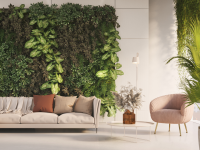 Modern-styled living room with cream couch paired with neutral-toned pillows, chair, and plants.