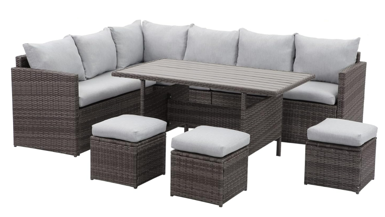 Wisteria Lane Outdoor Dining Set, with table surrounded by L-shaped sectional and three ottomans.